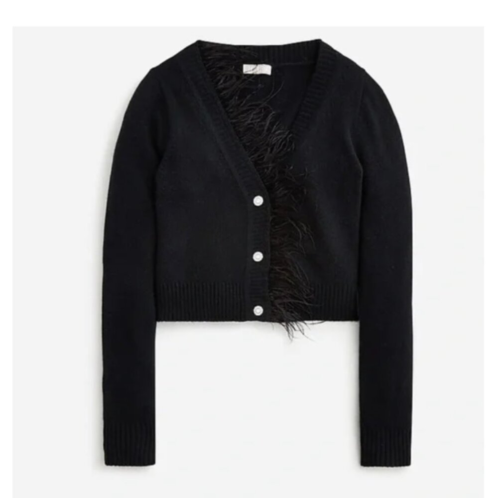 J. Crew Black Feather Trim V-Neck Cardigan